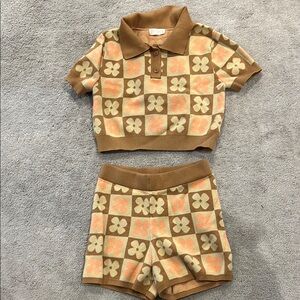 Altar’D State Floral Check Knit Polo Top and Shorts Set - Brown/Peach